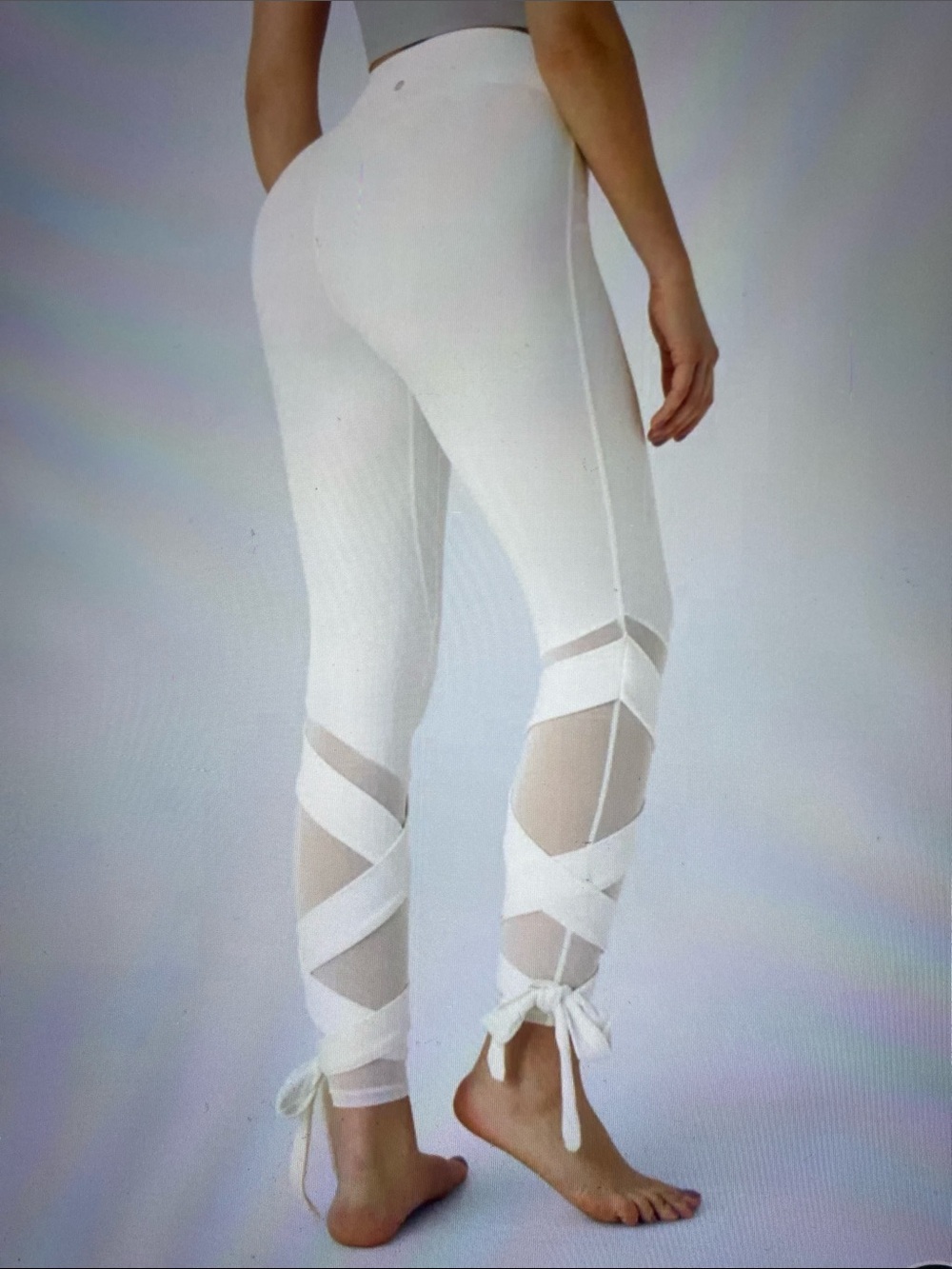 LARGE 7/8. HALARA CONTRAST MESH CRISSCROSS LACE UP YOGA LEGGINGS - Picture 2 of 9